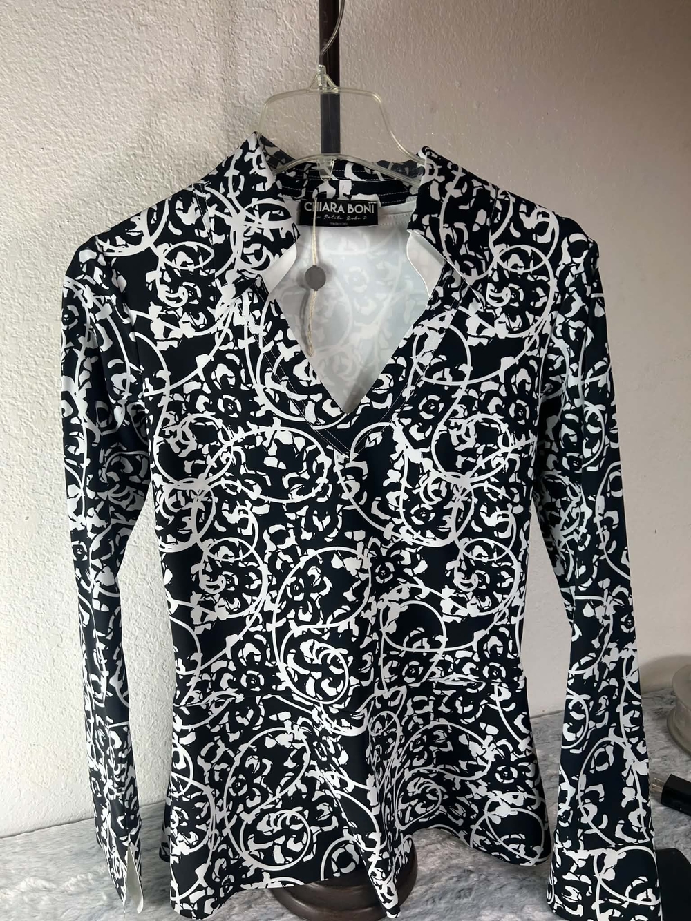 Chiara Boni Black & White Print V-Neck Long Sleeve Zuzie Top